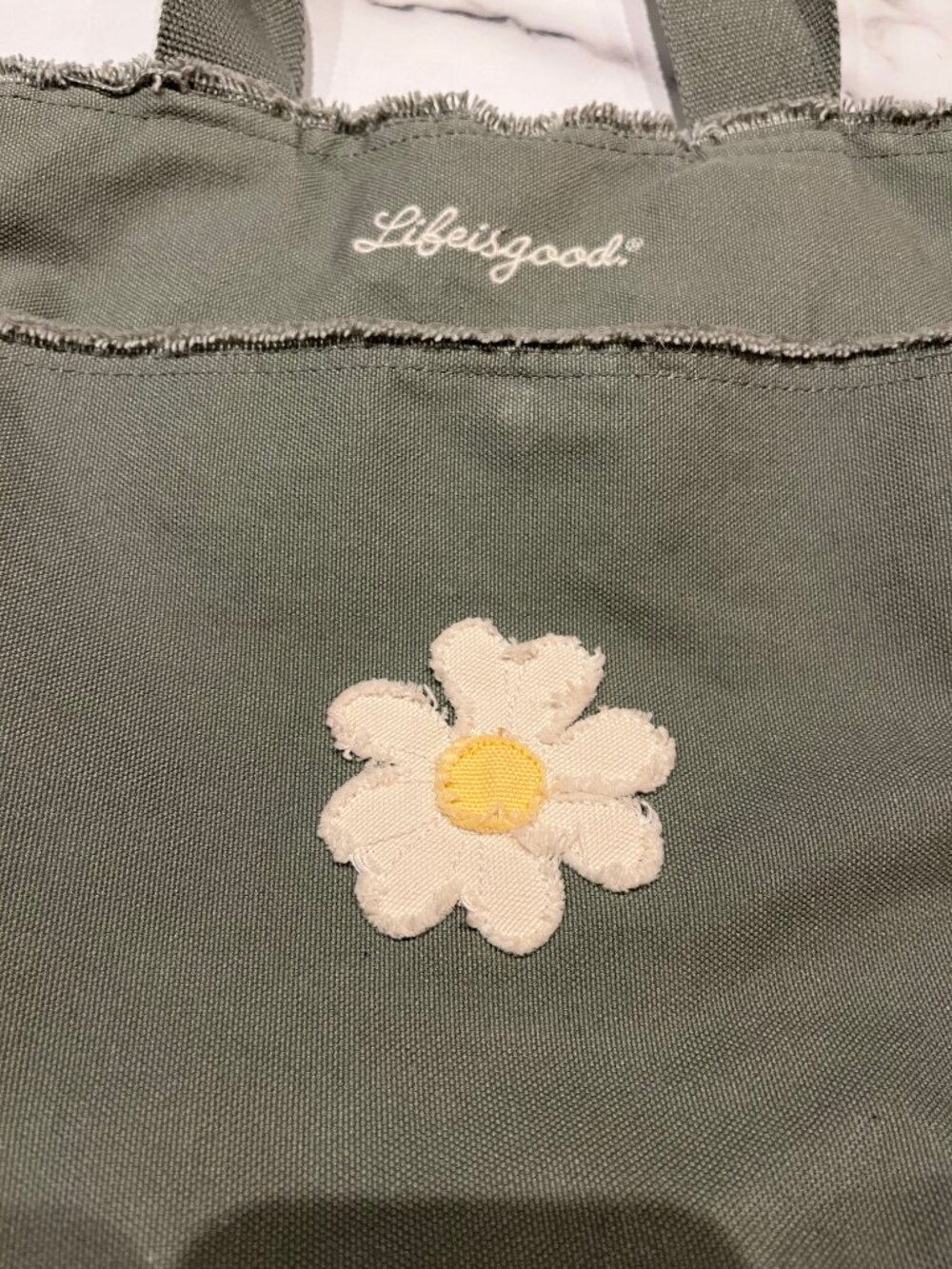 Life Is Good Olive Green Canvas Daisy Pocket Tote Bag - Picture 3 of 10